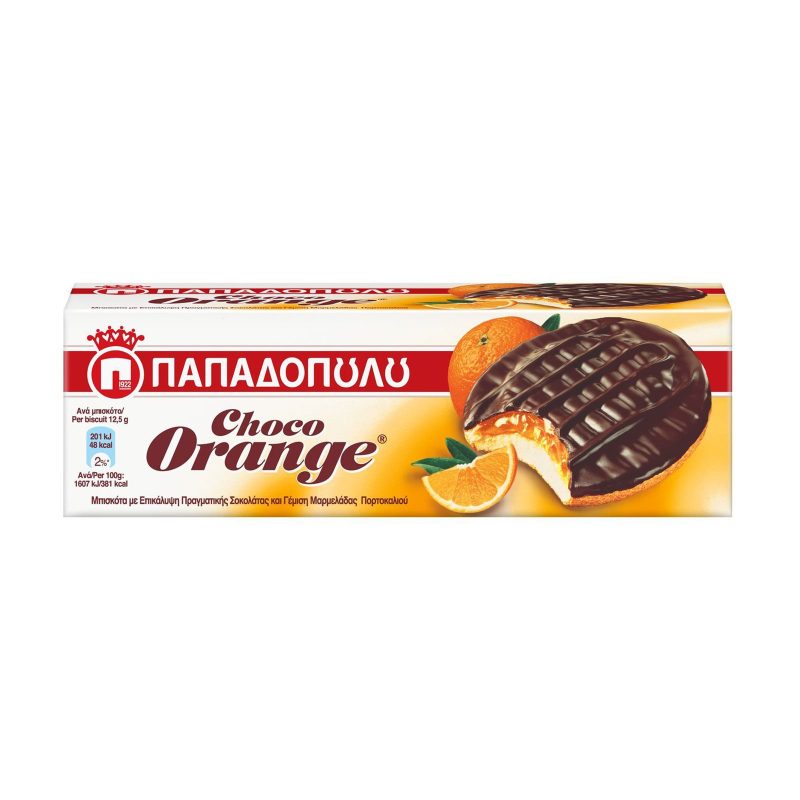 ΠΑΠΑΔΟΠΟΥΛΟΥ μπισκότα choco orange με γέμιση μαρμελάδας πορτοκαλιού και επικάλυψη σοκολάτας 150gr – Παπαδοπούλου
