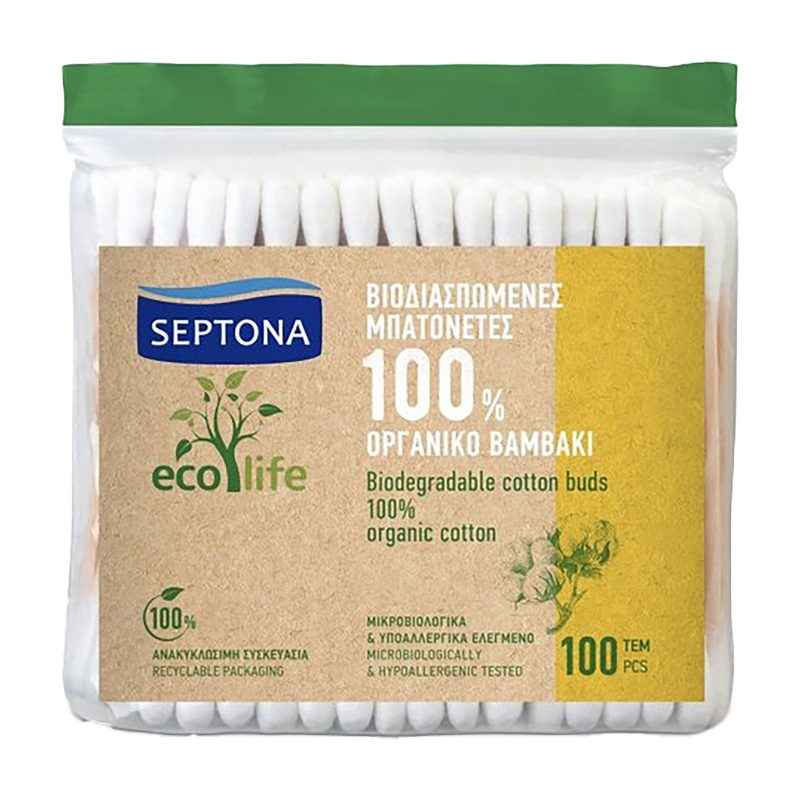 SEPTONA ecolife ωτοκαθαριστές βιοδιασπώμενοι με 100% οργανικό βαμβάκι 100τεμ – Μπατονέτες