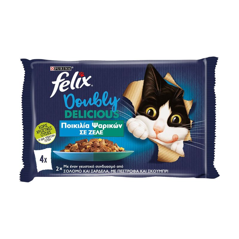 FELIX Doobly Delicious γατοτροφή ποικιλία ψαρικών σε ζελέ 4x85gr – Υγρή Τροφή Γάτας