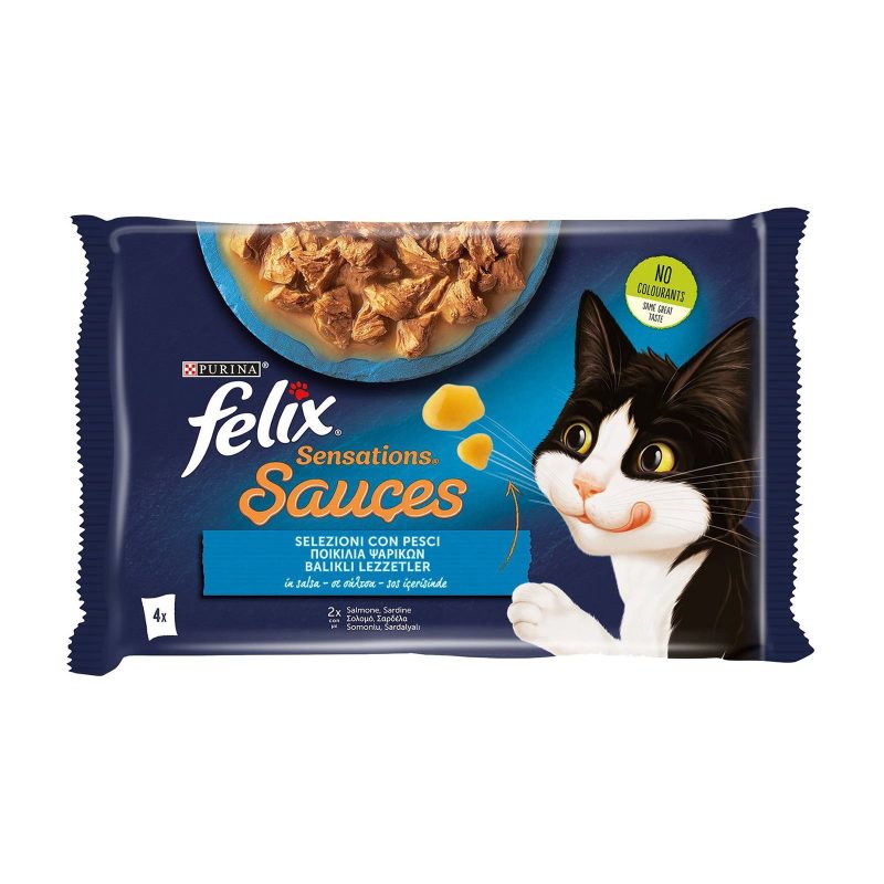 FELIX Sensations γατοτροφή ποικιλία ψαριών σε σάλτσα 4x85gr – Υγρή Τροφή Γάτας