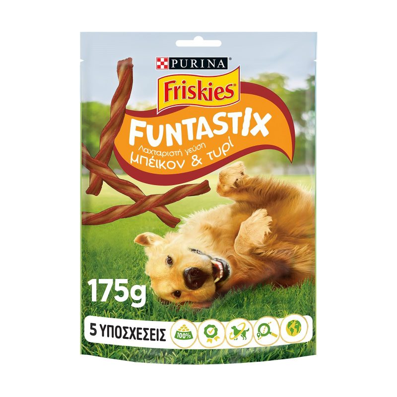 FRISKIES σκυλοτροφή funtastix σνάκ με μπέικον και τυρί 175gr – Λιχουδιές/Σνακ Σκύλων