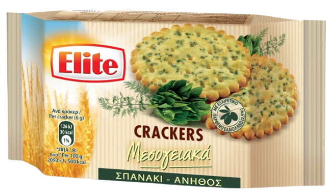 ELITE crackers μεσογειακά με σπανάκι και άνηθο 105gr – Αλμυρά Snacks