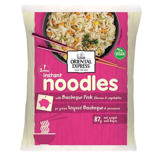 ORIENTAL EXPRESS 3' noodles με γεύση χοιρινό bbq 87gr – Τρόφιμα Μακράς Συντήρησης