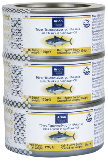 ARION Food κονσέρβα τόνος τεμαχισμένος σε ηλιέλαιο 3x170gr – Τρόφιμα Μακράς Συντήρησης