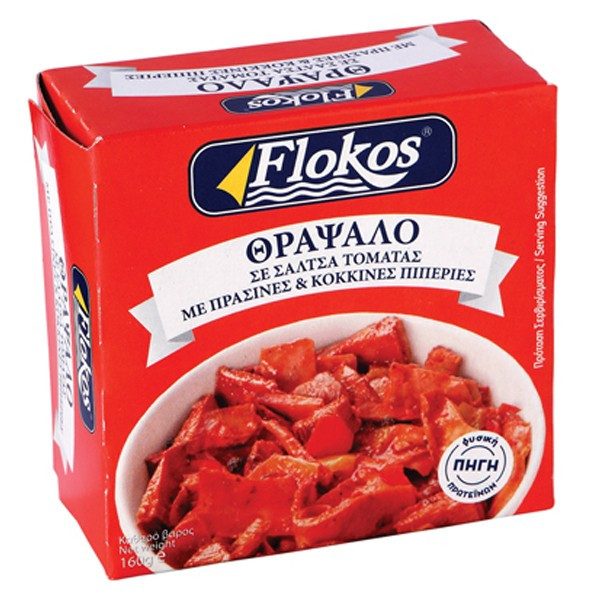 FLOKOS θράψαλο σε σάλτσα τομάτας με πράσινες και κόκκινες πιπεριές 160gr – Τρόφιμα Μακράς Συντήρησης