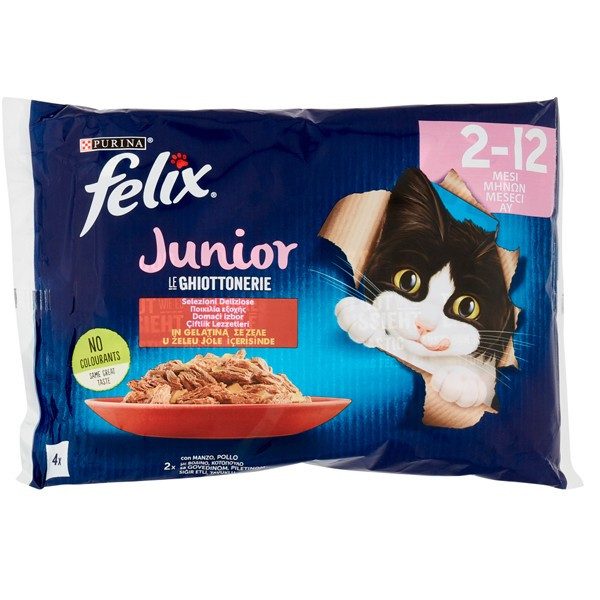 FELIX γατοτροφή junior μοσχάρι και κοτόπουλο σε ζελέ 4x85gr – Υγρή Τροφή Γάτας