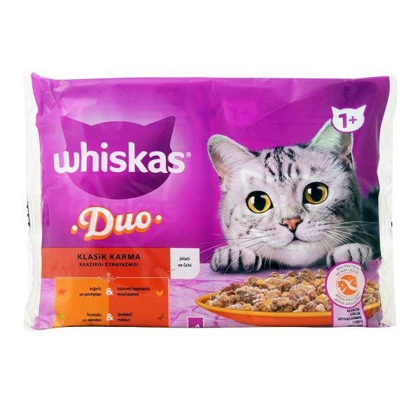 WHISKAS γατοτροφή υγρή duo κρεατικά 4x85gr – Υγρή Τροφή Γάτας