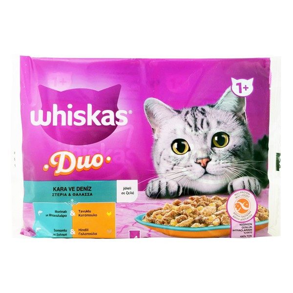 WHISKAS γατοτροφή υγρή duo στεριά και θάλασσα 4x85gr – Υγρή Τροφή Γάτας