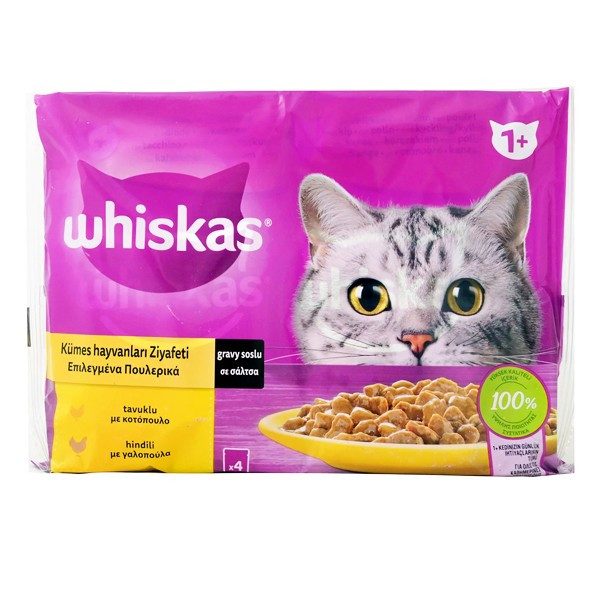 WHISKAS γατοτροφή υγρή επιλεγμένα πουλερικά σε σάλτσα 4x85gr – Υγρή Τροφή Γάτας
