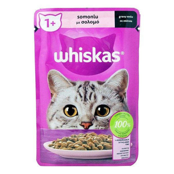 WHISKAS γατοτροφή υγρή με σολομό σε σάλτσα 85gr – Υγρή Τροφή Γάτας