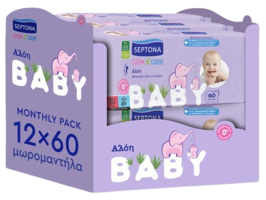 SEPTONA μωρομάντηλα Calm n Care Αλόη Baby 12x60τεμ