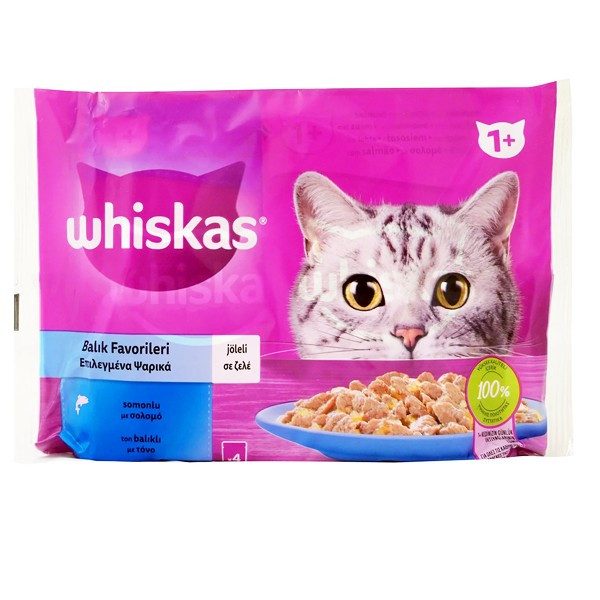 WHISKAS γατοτροφή υγρή επιλεγμένα ψαρικά σε σάλτσα 4x85gr – Υγρή Τροφή Γάτας