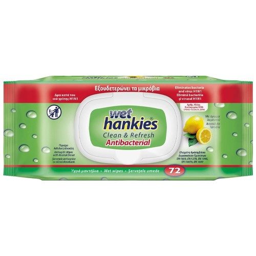 WET HANKIES υγρά αντιβακτηριδιακά μαντηλάκια λεμόνι 72τεμ – Αντισηπτικά Χεριών