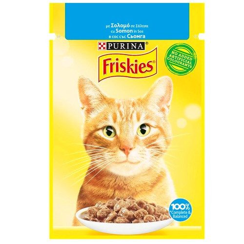 FRISKIES γατοτροφή φακελάκι σολωμός σε σάλτσα 85gr – Υγρή Τροφή Γάτας