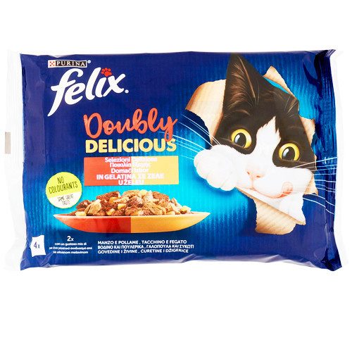 FELIX Doobly Delicious γατοτροφή ποικιλία κρεατικών σε ζελέ 4x85gr – Υγρή Τροφή Γάτας