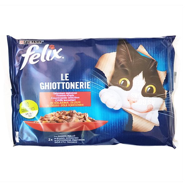 FELIX γατοτροφή μοσχάρι και κοτόπουλο σε ζελέ 4x85gr – Purina – Υγρή Τροφή Γάτας