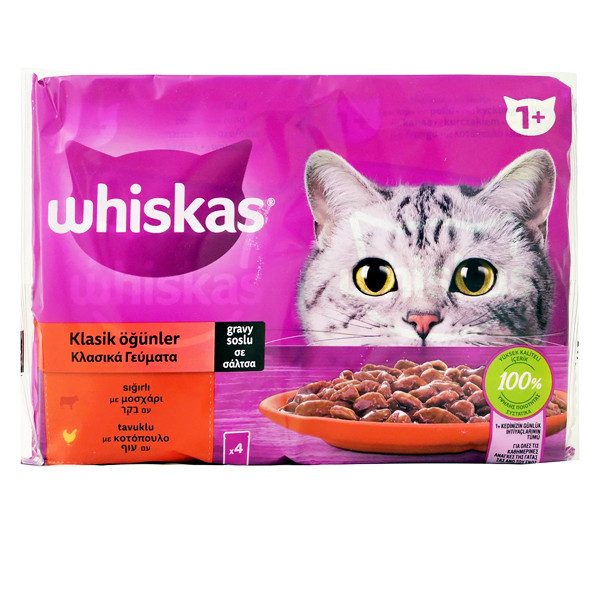 WHISKAS γατοτροφη υγρή επιλεγμενο κρεας σε σαλτσα 4x85gr, – Υγρή Τροφή Γάτας