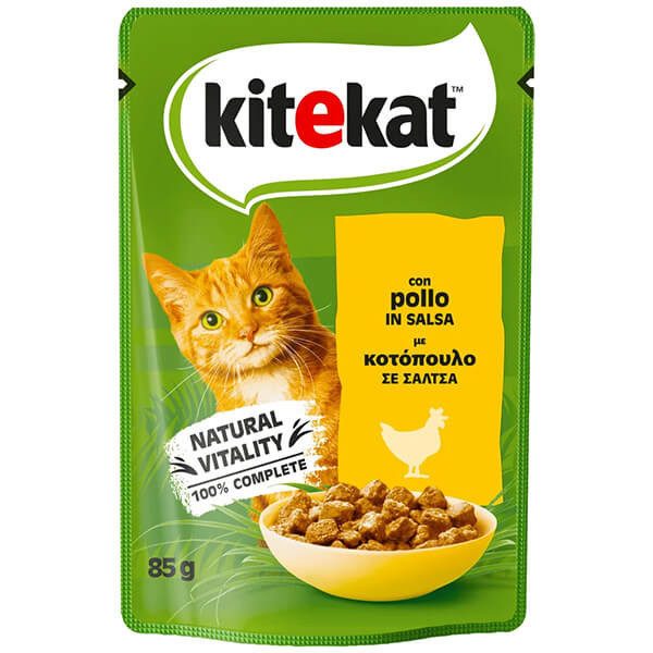 KITEKAT γατοτροφη 85gr, κοτοπουλο με σαλτσα – Υγρή Τροφή Γάτας