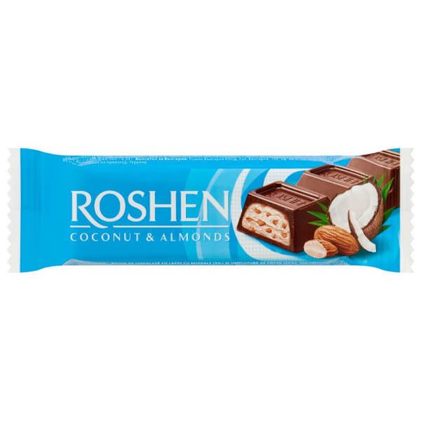 ROSHEN μπάρα σοκολάτας γάλακτος με αμύγδαλα και καρύδα 29gr – Σοκολάτες