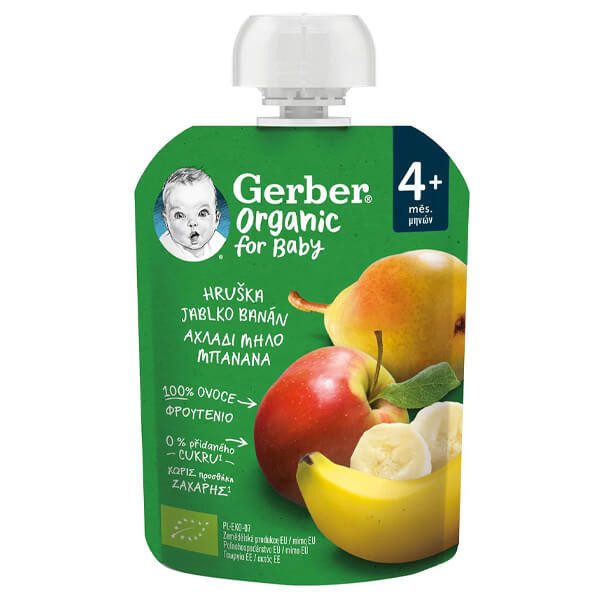 GERBER φρουτοπουρές με αχλάδι, μήλο και μπανάνα 90gr – Βρεφικές Κρέμες και Έτοιμα Γεύματα