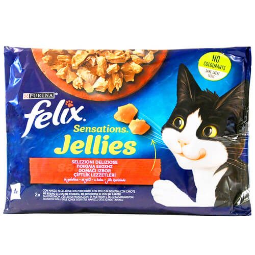 FELIX Doobly Delicious γατοτροφή ποικιλία κρεατικών σε ζελέ 4x85gr – Υγρή Τροφή Γάτας