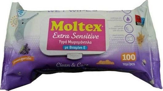 MOLTEX μωρομάντηλα με καπάκι λεβάντα 100τεμ
