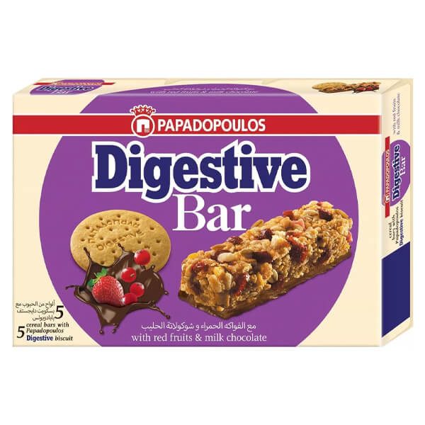 ΠΑΠΑΔΟΠΟΥΛΟΥ μπάρες δημητριακών digestive bar με κόκκινα φρούτα και σοκολάτα γάλακτος 5x28gr – Παπαδοπούλου