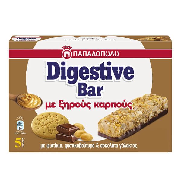 ΠΑΠΑΔΟΠΟΥΛΟΥ μπάρες δημητριακών digestive bar με φυστίκια, σοκολάτα και φυστικοβούτυρο 5x28gr – Παπαδοπούλου