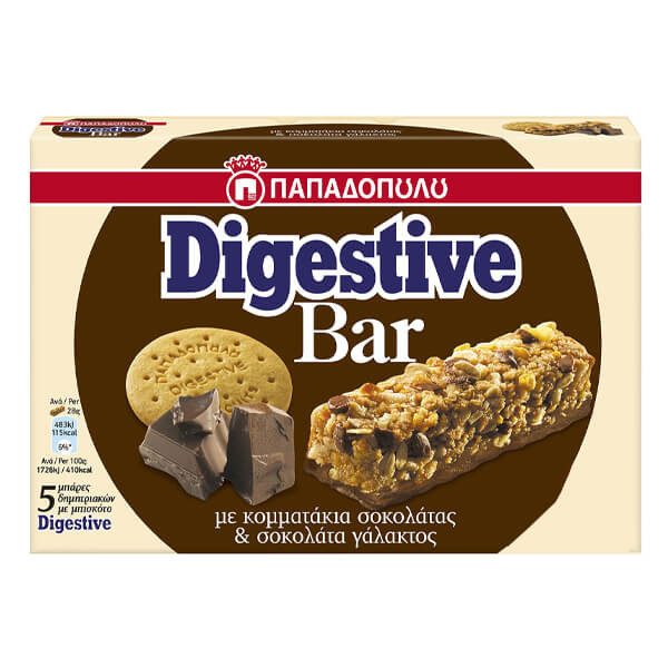 ΠΑΠΑΔΟΠΟΥΛΟΥ μπάρες δημητριακών digestive bar με σοκολάτα γάλακτος 5x28gr – Παπαδοπούλου