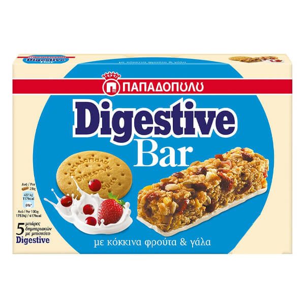 ΠΑΠΑΔΟΠΟΥΛΟΥ μπάρες δημητριακών digestive bar με κόκκινα φρούτα και γάλα 5x28gr – Παπαδοπούλου