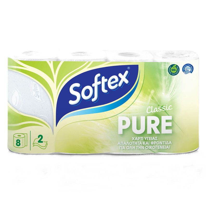SOFTEX χαρτί υγείας classic pure 2φυλλο 8τεμ – Χαρτιά Υγείας
