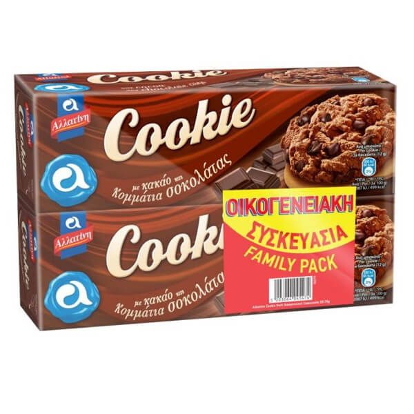 ΑΛΛΑΤΙΝΗ μπισκότα cookie από κακάο με κομμάτια σοκολάτας 2x175gr – Αλλατίνη