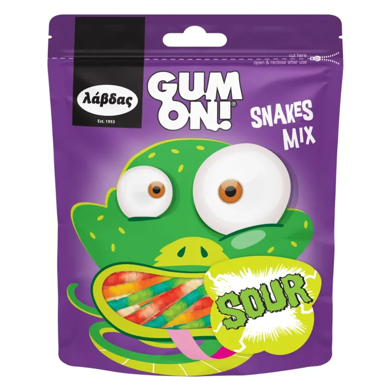 ΛΑΒΔΑΣ gum on ζελεδάκια sour snakes mix 80gr – Λάβδας – Καραμέλες, Γλειφιτζούρια και Τσίχλες