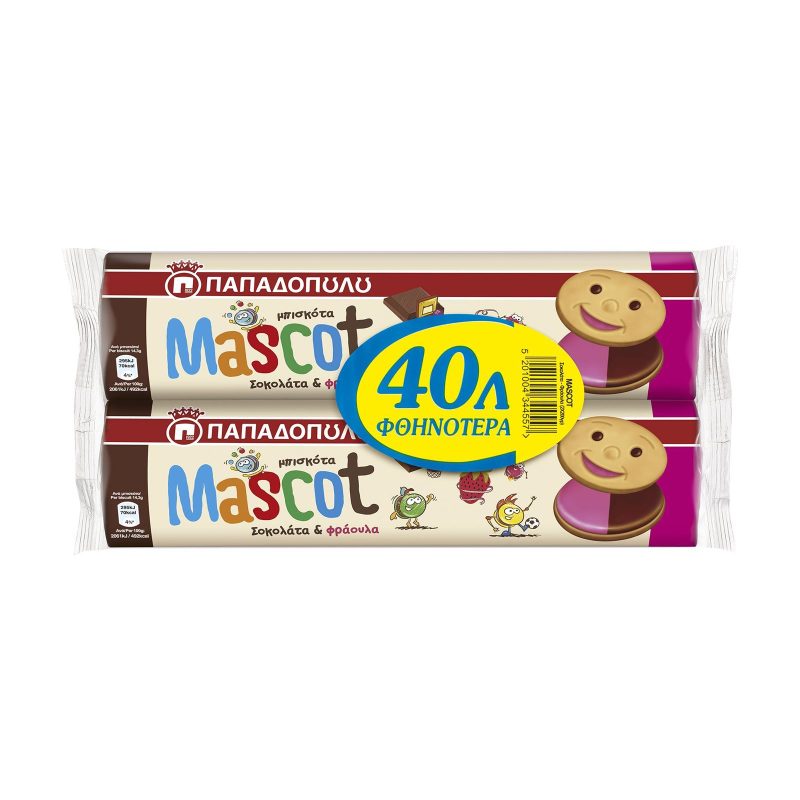 ΠΑΠΑΔΟΠΟΥΛΟΥ μπισκότα mascot με σοκολάτα και φράουλα 2x200gr – Παπαδοπούλου
