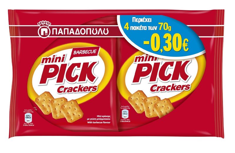 ΠΑΠΑΔΟΠΟΥΛΟΥ κράκερ mini pick crackers με μπάρμπεκιου 4x70gr – Παπαδοπούλου – Αλμυρά Snacks