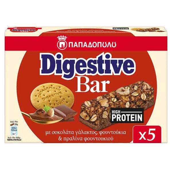 ΠΑΠΑΔΟΠΟΥΛΟΥ μπάρες δημητριακών digestive bar πρωτεϊνης με σοκολάτα γάλακτος, φουντούκια και πραλίνα φουντουκιού 5x28gr – Παπαδοπούλου