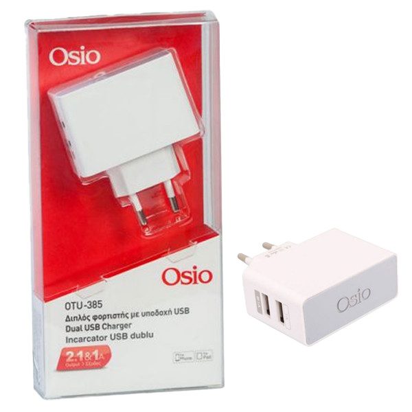 OSIO φορτιστής με 2 usb θήρες άσπρος – Φορτιστές Κινητών