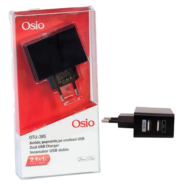 OSIO φορτιστής με 2 usb θήρες μαύρος – Φορτιστές Κινητών