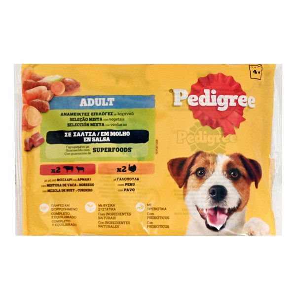 PEDIGREE σκυλοτροφή γαλοπούλα, αρνί, μοσχάρι και καρότο 4x100gr – Υγρή Τροφή Σκύλων