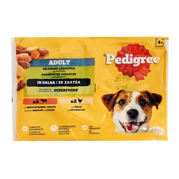 PEDIGREE σκυλοτροφή μοσχάρι, συκώτι και λαχανικά 4x100gr – Υγρή Τροφή Σκύλων