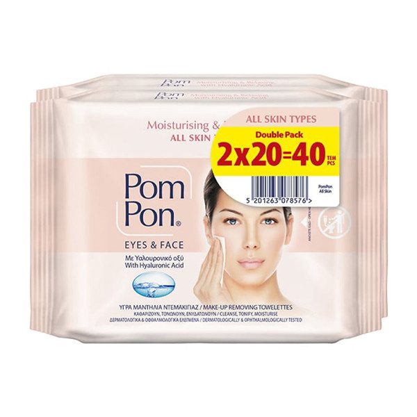 POM PON Eyes και Face μαντηλάκια καθαρισμού προσώπου για όλες τις επιδερμίδες 2x20τεμ – Καθαριστικά Προσώπου