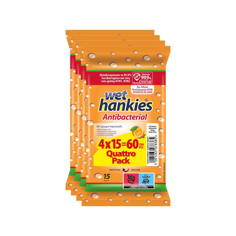 WET HANKIES υγρά αντιβακτηριδιακά μαντηλάκια πορτοκάλι 4x15τεμ – Αντισηπτικά Χεριών