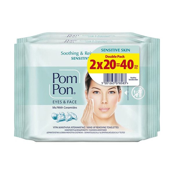 POM PON Eyes και Face μαντηλάκια καθαρισμού προσώπου για ευαίσθητες επιδερμίδες 2x20τεμ – Καθαριστικά Προσώπου