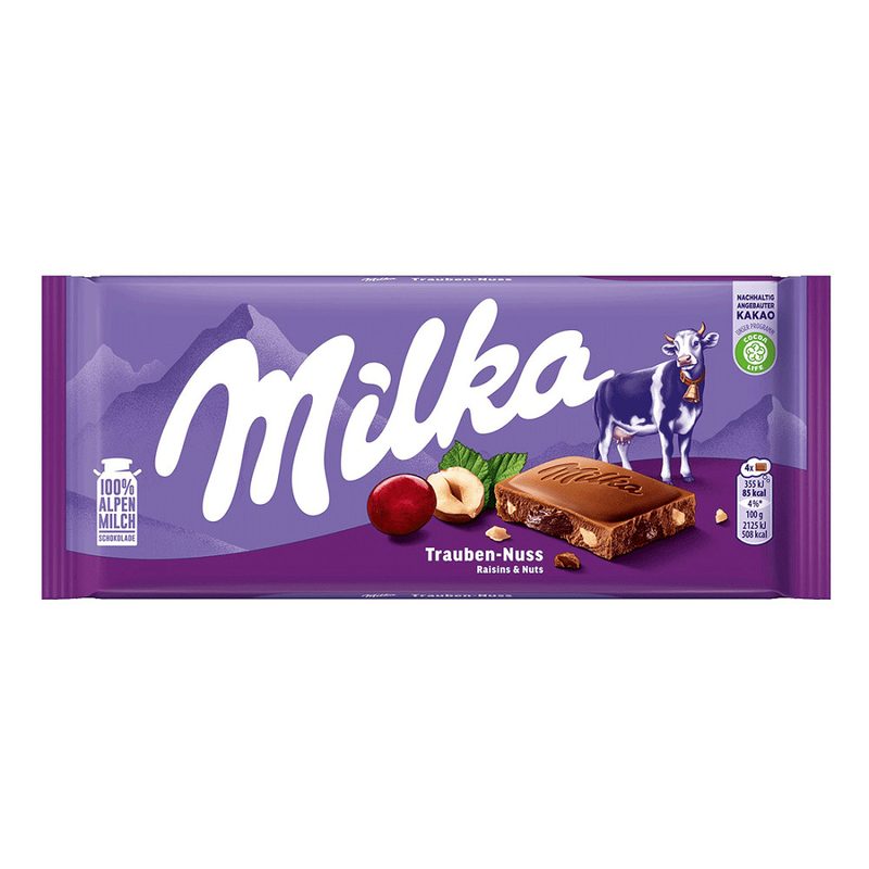 MILKA σοκολάτα με σταφίδες και φουντούκια 90gr – Σοκολάτες