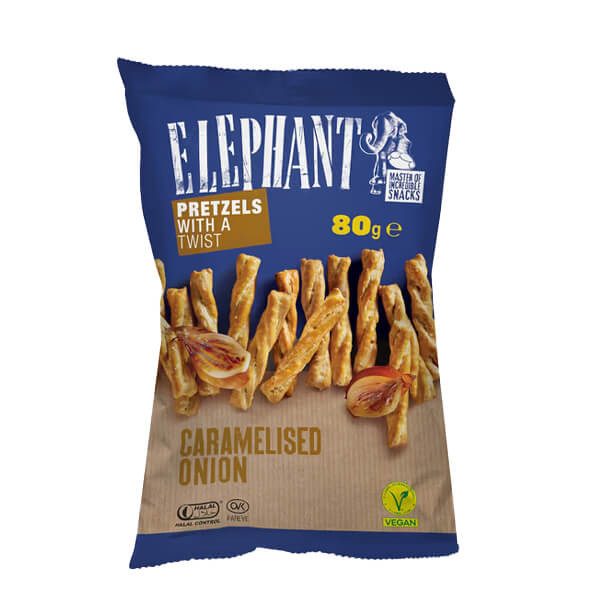 ELEPHANT twisted πρέτσελς καραμελωμένο κρεμμύδι 80gr – Alka Elephant – Αλμυρά Snacks