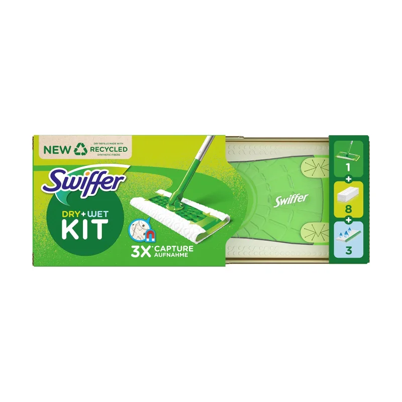 SWIFFER kit με έτοιμη σκούπα, 8 πανάκια και 3 υγρά πανάκια – Είδη για Σκούπισμα και Σφουγγάρισμα