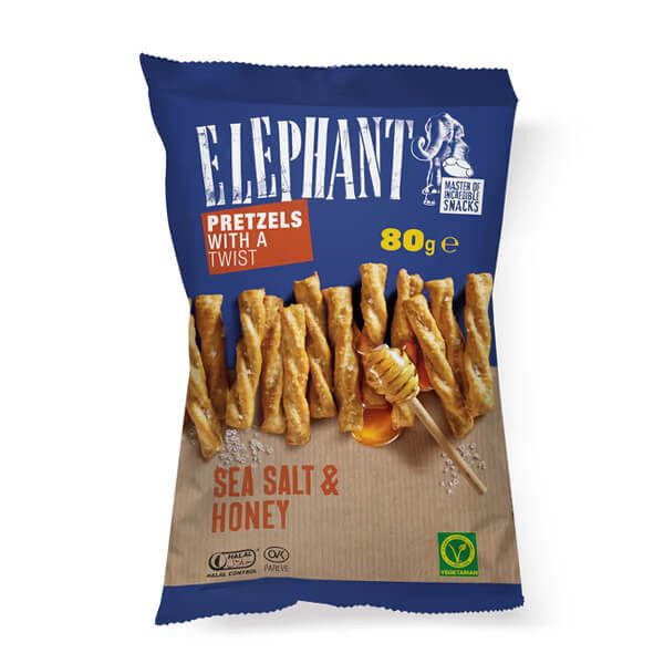 ELEPHANT twisted πρέτσελς θαλασσινό αλάτι και μέλι 80gr – Alka Elephant – Αλμυρά Snacks