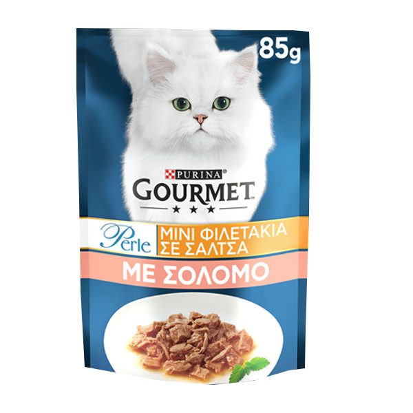 PURINA Gourmet perle γατοτροφή μίνι φιλετάκια σολωμό σε σάλτσα 85gr – Υγρή Τροφή Γάτας