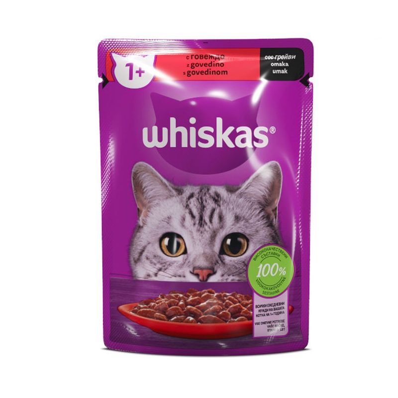 WHISKAS γατοτροφή υγρή με γεύση μοσχάρι 85gr – Υγρή Τροφή Γάτας