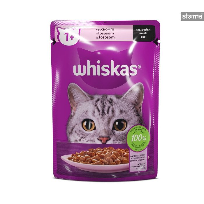 WHISKAS γατοτροφή υγρή με γεύση σολωμός 85gr – Υγρή Τροφή Γάτας